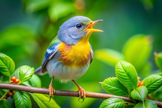 A Northern Parula Warbler Chick Calls for Food in Sarasota, Florida, Captured with Tilt-Shift Photography for a Unique Perspective on Nature's Beauty and Wildlife Moments