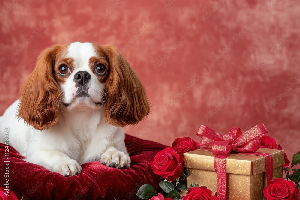 Poster Valentine’s Day Gift Concept with Dog and Roses. A dog on a cushion surrounded by roses and a gift box