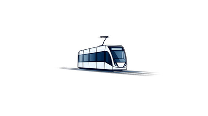 A minimalist drawing of a tram, with simple lines showing the vehicle on a track with no background detail. Minimalist tram icon.
