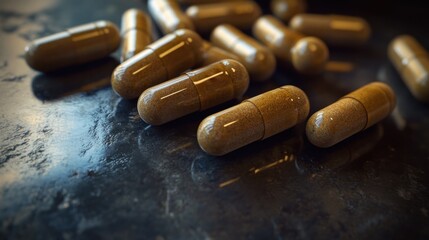 Brown Herbal Capsules on Dark Surface Perfect for Wellness Themes
