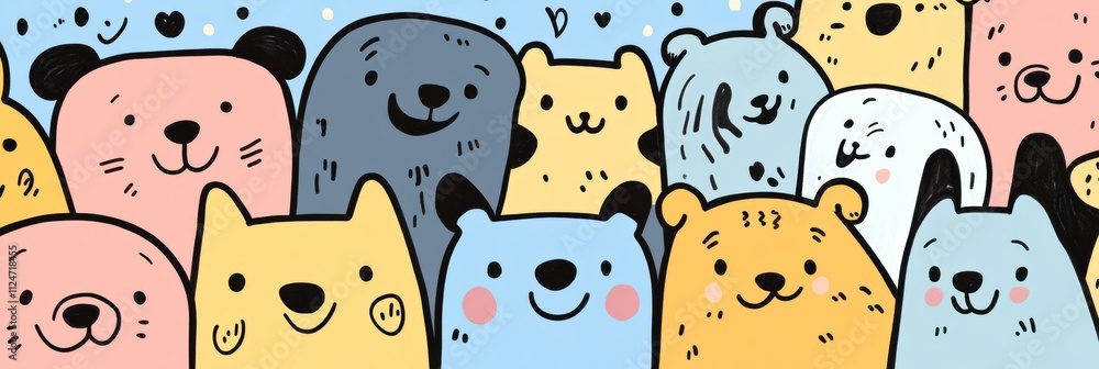 Aufkleber a collection of doodle-style dog faces displaying joy and curiosity in bright colors, perfect for pl