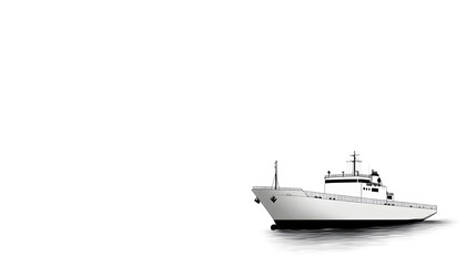 A clean line-drawing of a cargo ship on the sea, using only black lines on a white background. Cargo ship line-drawing.
