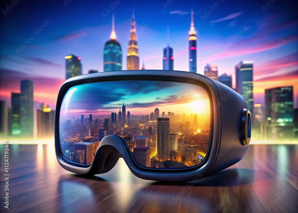 Poster a pair of virtual reality goggles displaying a stunning cityscape in a minimalist setting for futuri