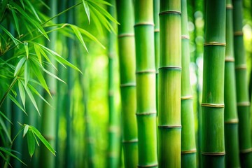Obraz premium A Pair of Vibrant Bamboo Stalks Leaning Towards Each Other with Sparse Leaves Gently Fanning in a Beautiful Tilt-Shift Photography Style