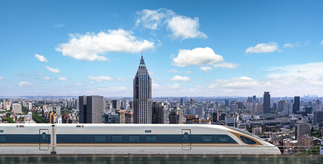Futuristic High-Speed Train Gliding Through an Urban Skyline