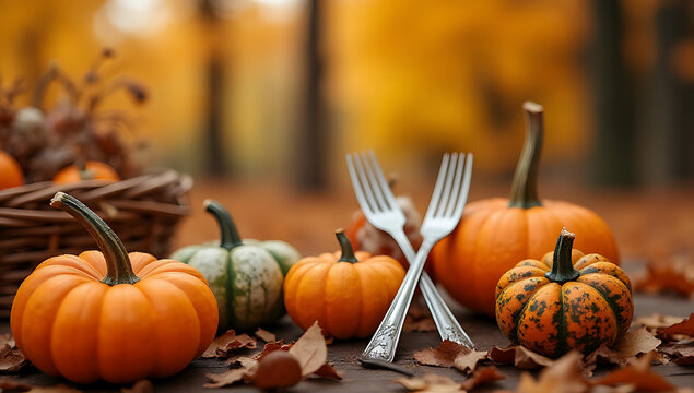 Harvest theme featuring cutlery, pumpkins, and dry leaves against a warm autumnal background setting the scene._00001_