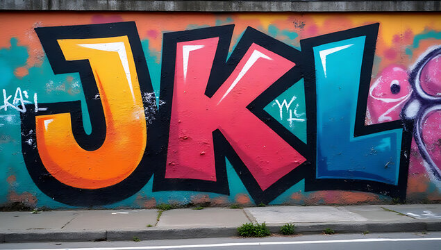 Graffiti wall in urban streets features letters J, K, and L in bold, colorful fonts as part of street art._00001_