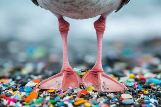 Seabird standing on micro plastic-laden beach close-up photography coastal environment nature's impact on wildlife environmental awareness