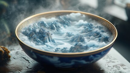 Porcelain bowl in blue and white colors and Chinese style with gold rim. The inside of the bowl depicts a mountain landscape. Close-up. 3D
