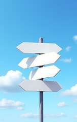 Five blank white road signs point in different directions against a bright blue sky with scattered fluffy white clouds._00001_