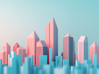 Obraz premium Abstract cityscape with pastel geometric skyscrapers in pink and blue tones, evoking modern and futuristic urban vibe