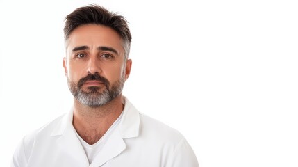 Obraz premium Professional portrait of a male nurse wearing a white coat with serious expression