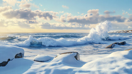  A frozen beach with snow-covered rocks and waves crashing against the icy shore 