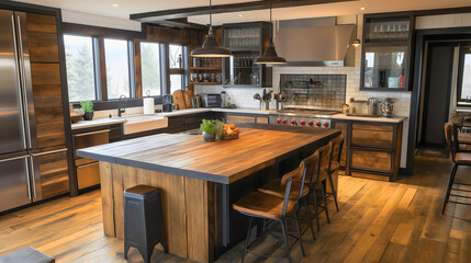 Modern Kitchen Design: Spacious Open Layout with Wooden Countertops, Island, Stylish Furniture, and Natural Light, Creating a Cozy, Functional, and Inviting Family Space