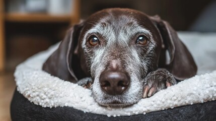 Adorable senior dog resting comfortably on cozy dog bed indoors