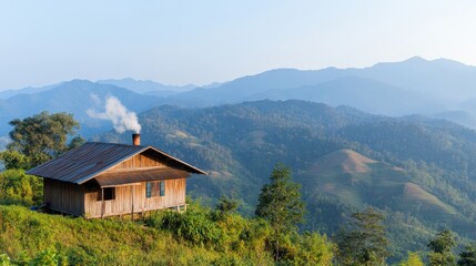 Obraz premium Traditional Wooden House on Hilltop Surrounded by Lush Greenery and Mountains Under Clear Blue Sky
