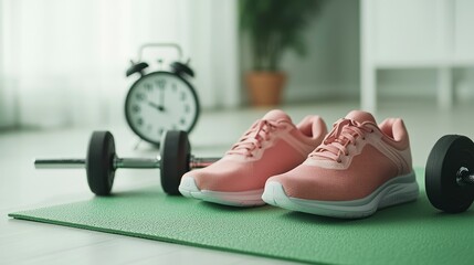 Pink running shoes and dumbbells on a yoga mat with a clock in the background.