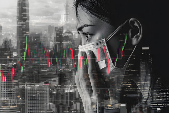 Masked woman reflecting economic instability with stock market graphs overlay, representing financial crisis, pandemic impact, market volatility, and global uncertainty