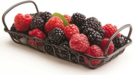 A stylish black basket filled with fresh raspberries and blackberries, perfect for food blogs, health articles, or recipe books highlighting healthy eating and vibrant ingredients,