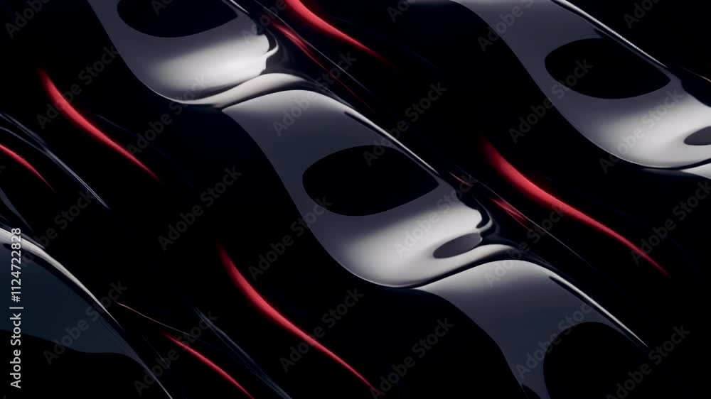 Poster Black waves with a glossy sheen and soft shadows float in the frame, creating a fluid effect. Red accents add mystery and excitement to the animation