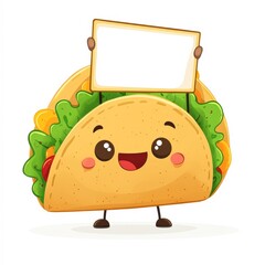 A cheerful cartoon taco character holding a blank sign, perfect for food-related promotions, children's menus, or playful marketing campaigns, Ideal for adding a fun touch to dining graphics,