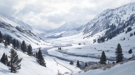  A snow-covered valley with a winding river and scattered evergreen trees (3)