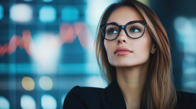 Professional woman in finance deep in thought against a financial analysis backdrop