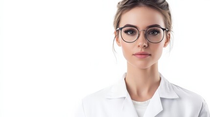 Woman scientist posed in a professional setting with glasses and a lab coat expressing confidence