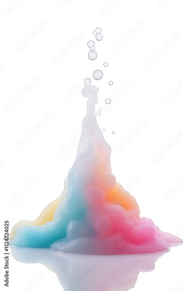 Poster colorful soap foam with isolated bubbles rising up gently on a clean white background in a pure comp