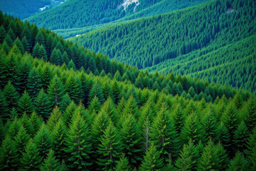 Obraz premium Forest landscape evergreen trees conifers hills mountains density