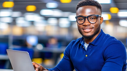A confident young man smiles while sitting at a desk with a laptop in a modern workspace, This image is ideal for marketing materials, websites, or articles related to technology, education