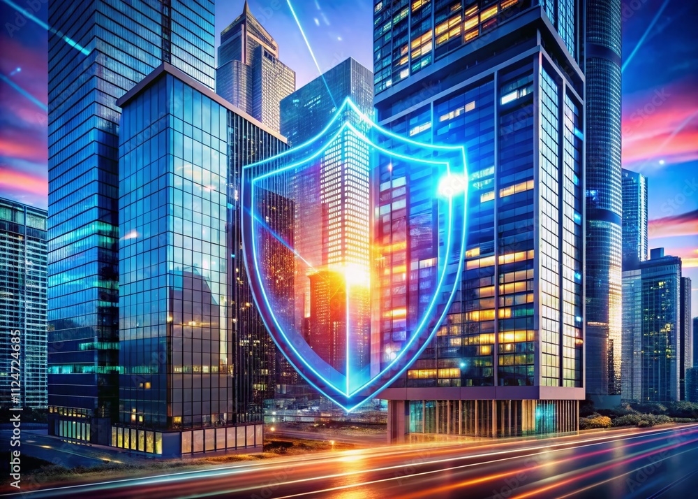 Poster architectural photography of a digital shield symbolizing cybersecurity and protection with futurist