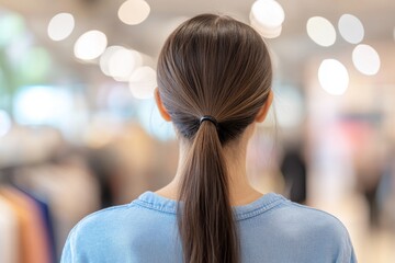 A young lady with her hair in a ponytail, exploring a large mall on a seasonal sale, while glancing around.