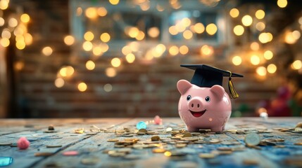 Happy Piggy Bank with Graduation Cap Surrounded by Coins and Lights