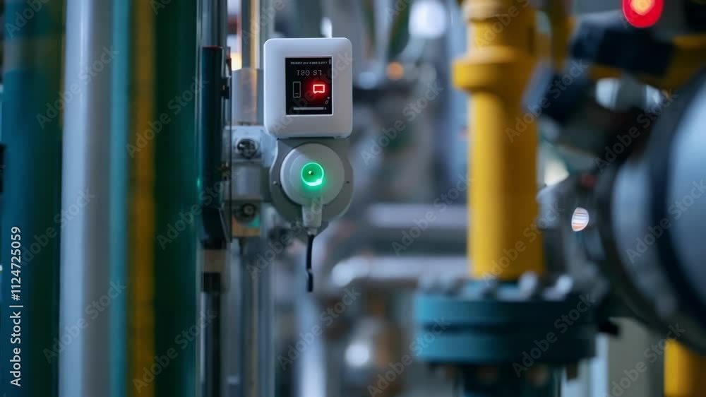 Poster green light blinking on control panel with digital display showing numbers in a factory. yellow pipe
