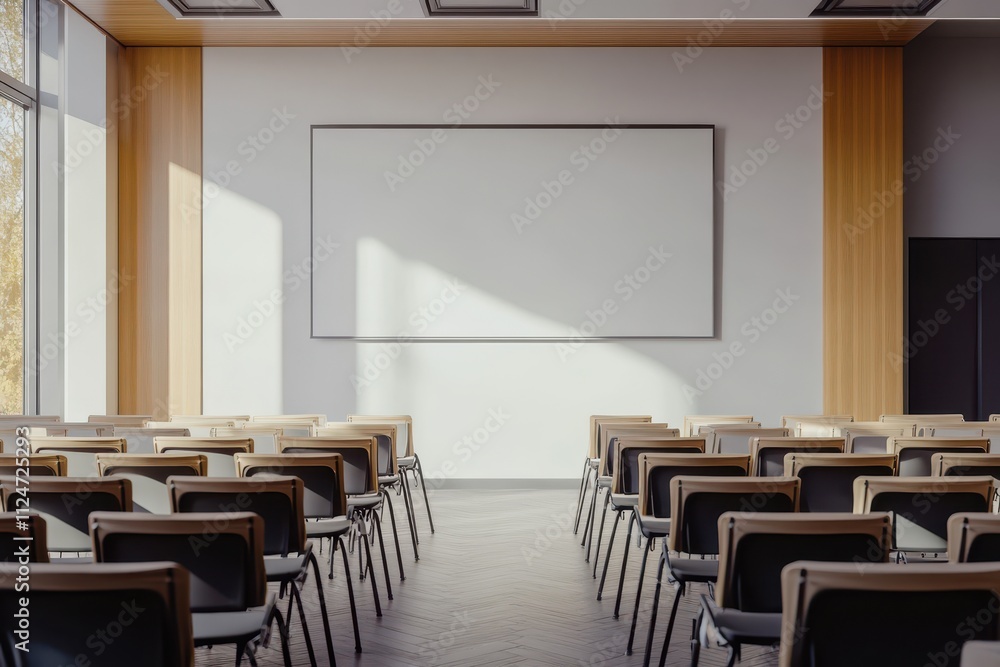 Poster empty classroom with rows of chairs and a blank presentation screen during daylight hours