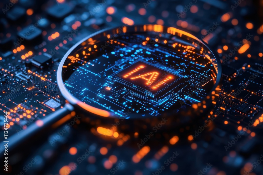 Poster artificial intelligence circuit board magnifying glass focusing on ai text futuristic technology