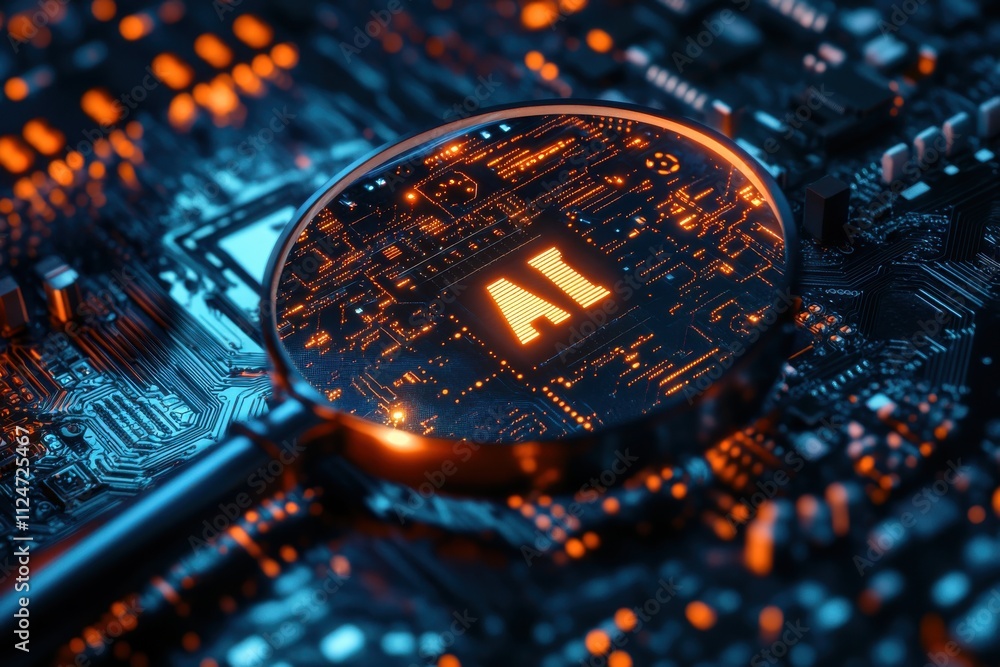 Aufkleber artificial intelligence circuit board magnifying glass focusing on ai text futuristic technology