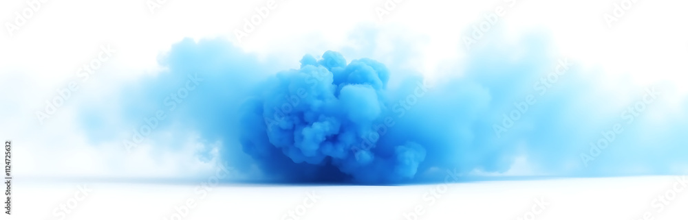 Poster blue smoke explosion is isolated against a plain white background creating a dramatic visual effect 