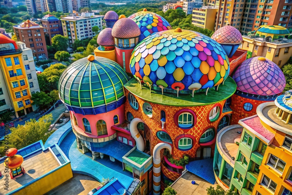Poster architectural photography of a whimsical cartoon brain structure with colorful elements and innovati