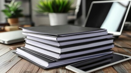 A stack of business plans and reports neatly organized on a wooden desk with a laptop and digital...