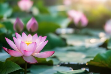 Vibrant pink lotus flowers bloom gracefully in a tranquil pond during morning light
