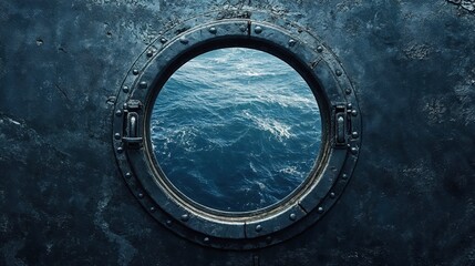 Ship porthole window frame with view of deep blue ocean waves. Vintage nautical detail showing dramatic seascape through round metal window, capturing maritime atmosphere