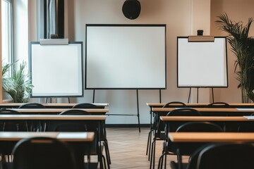 Conference room set up for a training session with empty chairs and presentation boards
