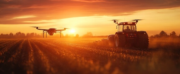 Fototapeta premium Drone and Tractor in Field at Sunset