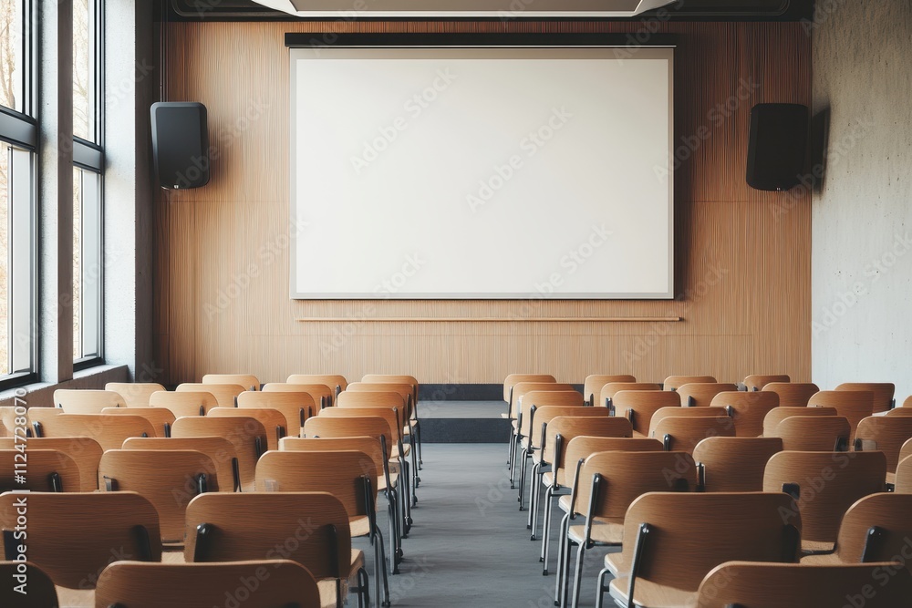 Poster modern conference room setup with empty seats and projector screen in a bright environment