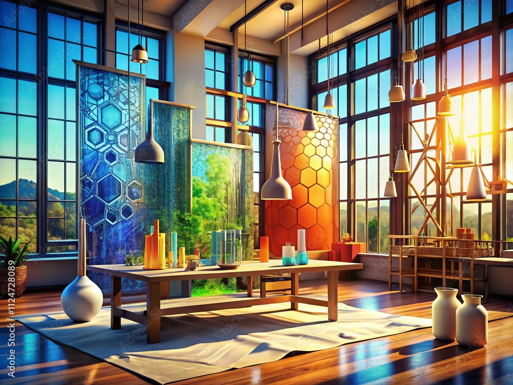 Poster architectural photography of paper drawings featuring chemical formulas of elements, showcasing the 