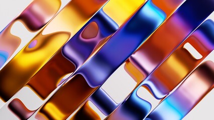 3D rendering, abstract minimalist multicolored background. Diagonal composition of waving metallic ribbons with a ripple effect. Iridescent foil divided into stripes. Trendy fashion wallpaper