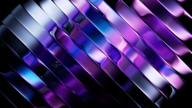 3D rendering, abstract minimalist purple background. Diagonal composition of waving metallic ribbons with a ripple effect. Iridescent foil divided into stripes. Trendy fashion wallpaper