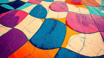 A checkered pattern in shades of orange, yellow, blue, and purple, with a slight ripple effect. ...